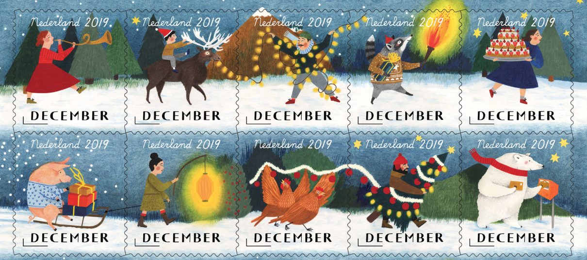PostNL decemberzegels 2019 geïllustreerd door Lieke van der Vorst